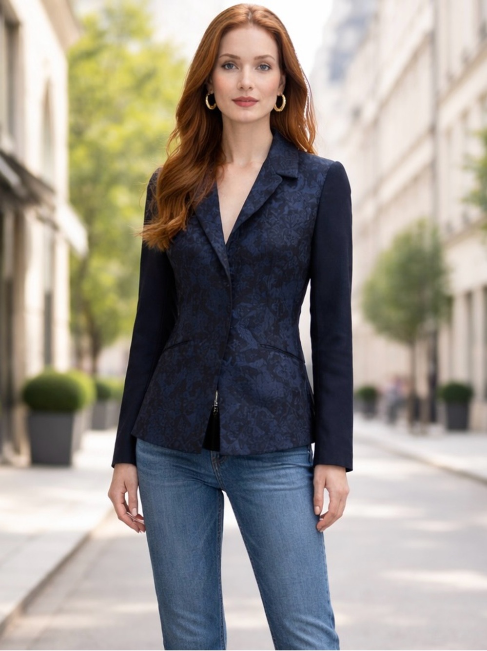 Elie Tahari Blue & Black Jacquard Blazer with Slight Bustle Back; Like New